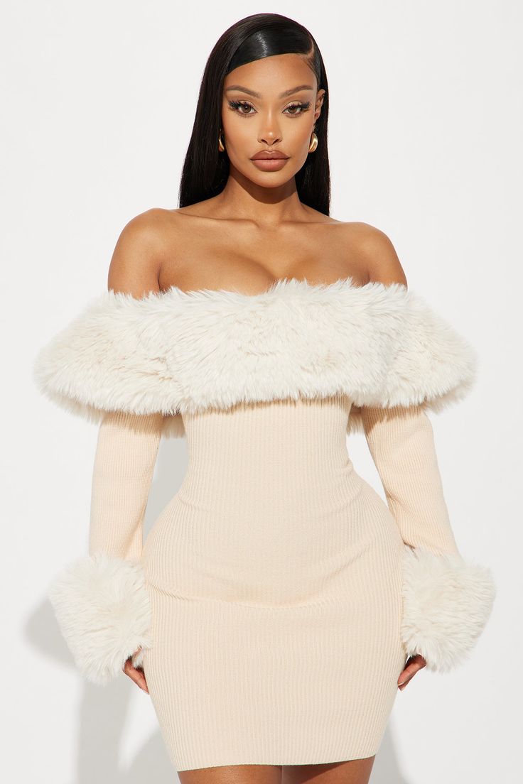 Maci Sweater Mini Dress - Beige | Fashion Nova, Dresses | Fashion Nova Dresses To Go Out, Birthday Fits Black Women Winter, Winter Fur Dress, Fluffy Christmas Dress, Off Shoulder Dress Winter, Cute Dresses Long Sleeve, Brown Birthday Dress, Christmas Outfits Black Women, Cold Birthday Outfit