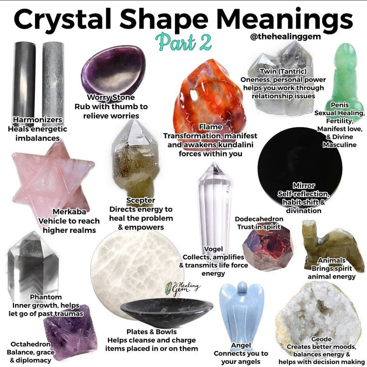 The Healing Gem | Crystal Shop on Instagram: “Crystal Shape Meanings Part 2!! I read through your comments and questions about other shapes and decided to put them together. 💕🥳 Hope…” Crystal Meanings Charts, Gemstones Chart, Crystal Healing Chart, Shape Meaning, Witch Spirituality, Crystal Guide, Types Of Crystals, Spiritual Crystals, Crystal Therapy