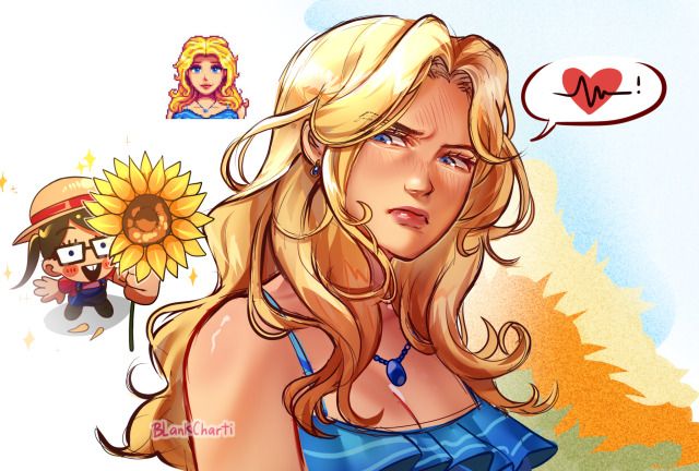 a drawing of a woman with blonde hair and sunflower in her hand, looking to the side