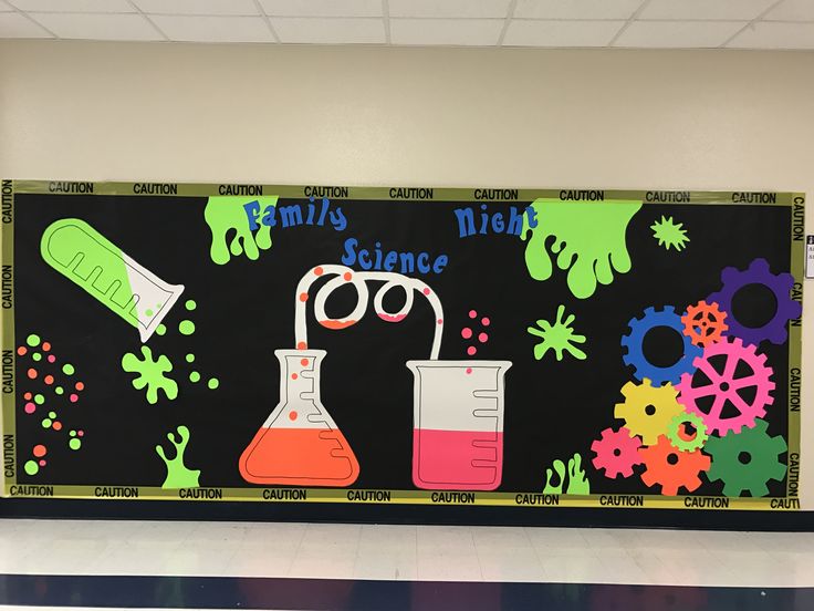 a bulletin board with science themed items on it