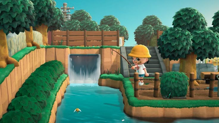 a cartoon boy fishing in the river next to a waterfall