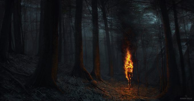 a person standing in the middle of a forest on fire