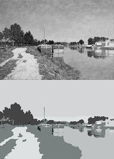 two different views of the same area in black and white, one with boats on it