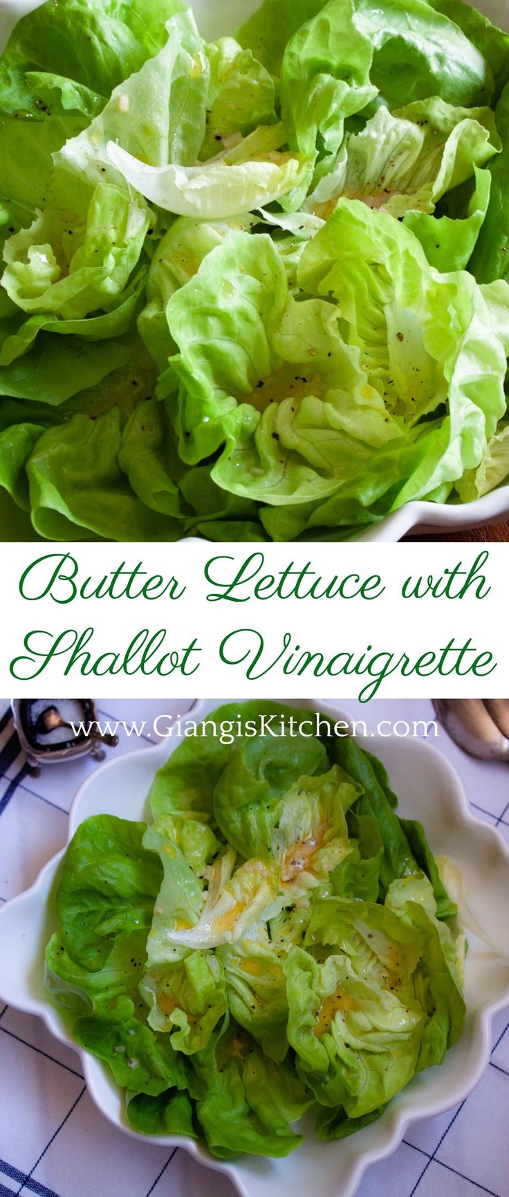 lettuce in a white bowl on top of a blue and white checkered table cloth