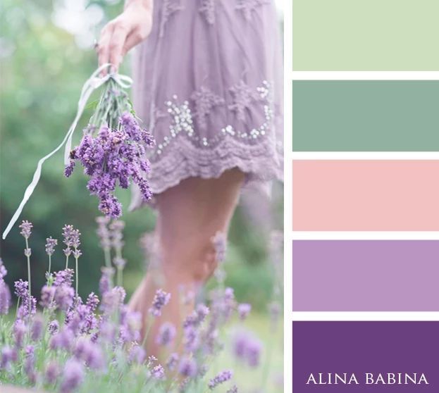 a woman in a dress holding flowers with the color purple and green behind her is an image of lavenders