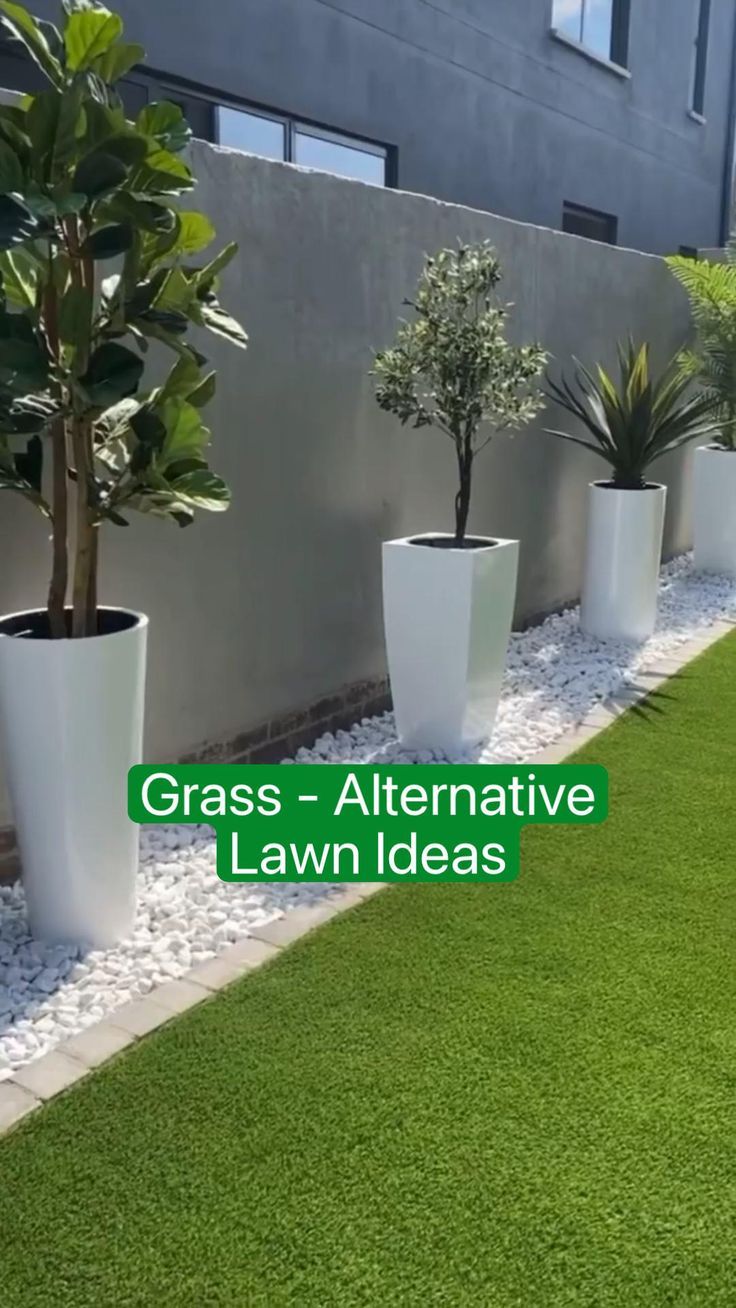 a row of white planters sitting on top of a grass covered field next to a building