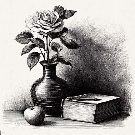 a black and white drawing of a rose in a vase with an apple beside it