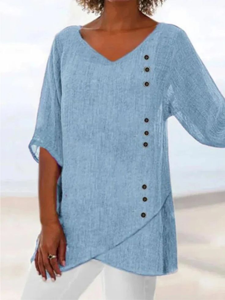 Blue V-neck Half-sleeve Button-front Women's Casual Blouse Half Sleeve Shirts, Half Sleeve Blouse, Tunic Pattern, Linnet, Plus Size Womens Clothing, Women Shirts Blouse, Casual Blouse, Sweater Sleeves, Short Sleeve Blouse