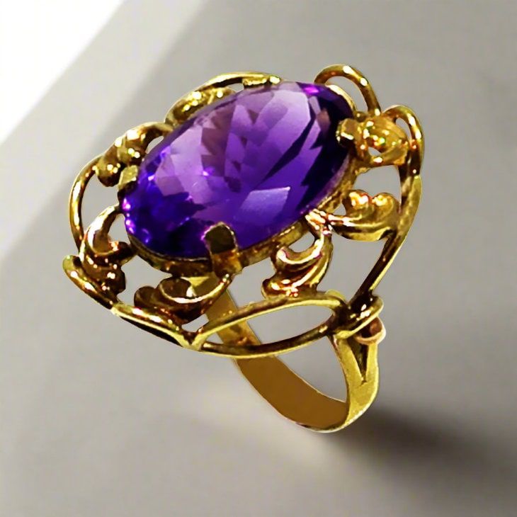 This exquisite ring is crafted from 14k gold and glistening with a deep purple amethyst. This timeless piece of jewelry will be a luxurious addition to your collection. Ring in Gold 14k Amethyst gemstone Luxury 14k Gold Purple Rings, Luxury Purple 14k Gold Rings, Purple Sapphire Ring With 14k Gold Prong Setting, Formal 14k Gold Amethyst Ring, Heirloom 14k Gold Solitaire Amethyst Ring, Purple Amethyst Ring With Prong Setting In 14k Gold, Purple 14k Gold Fine Jewelry Rings, Formal Amethyst Ring In 14k Gold, Formal 14k Gold Amethyst Gemstone Ring