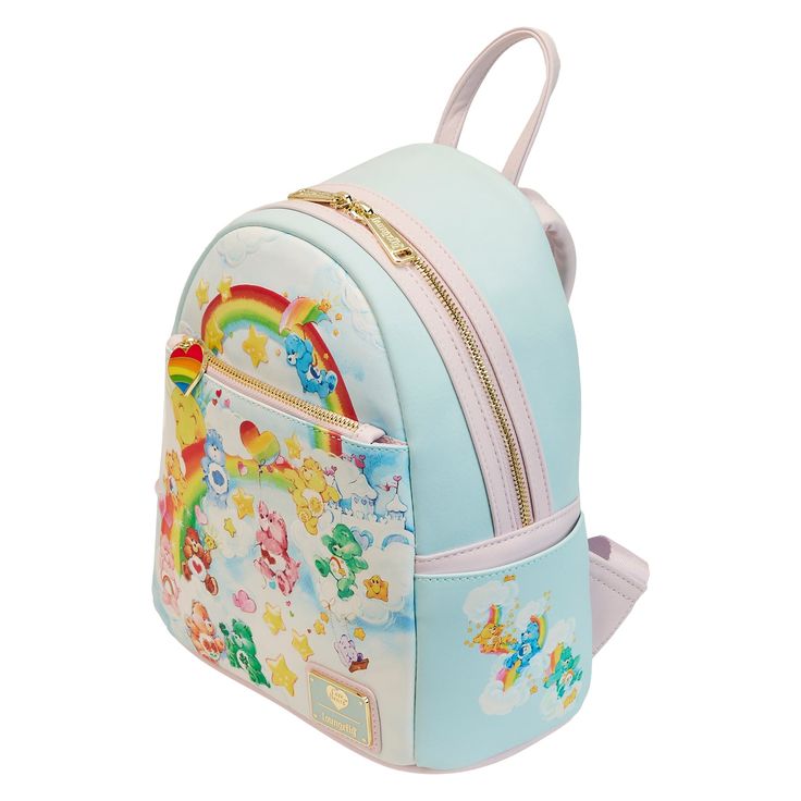 Bright bursts of rainbows, stars, and Care Bears characters cover the front and side pockets of this adorable backpack. On the front, you can find the following characters sliding down rainbows or playing in fluffy clouds: Cheer Bear™, Birthday Bear™, Grumpy Bear™, Bedtime Bear™, Funshine Bear™, Wish Bear™, Love-a-lot Bear™, Tenderheart Bear™, Friend Bear™, and Good Luck Bear™. In the dark, the sun and stars all glow! A heart-shaped enamel zipper charm, with rainbow colors through the middle, to Cute Travel Backpack With Cartoon Print, Cute Cartoon Print Backpack For Travel, Cute Cartoon Print Travel Backpack, Multicolor Kawaii Backpack, Cute Rainbow School Bag, Multicolor Backpack For Theme Park, Cute Rainbow School Bags, Kawaii Multicolor Backpack, Playful Rainbow School Bag