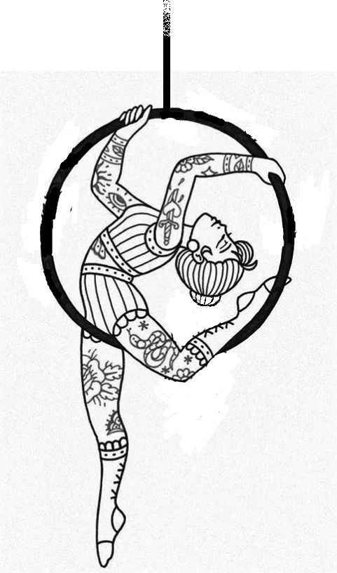 a drawing of a woman doing acrobatics on a hoop with her hands in the air