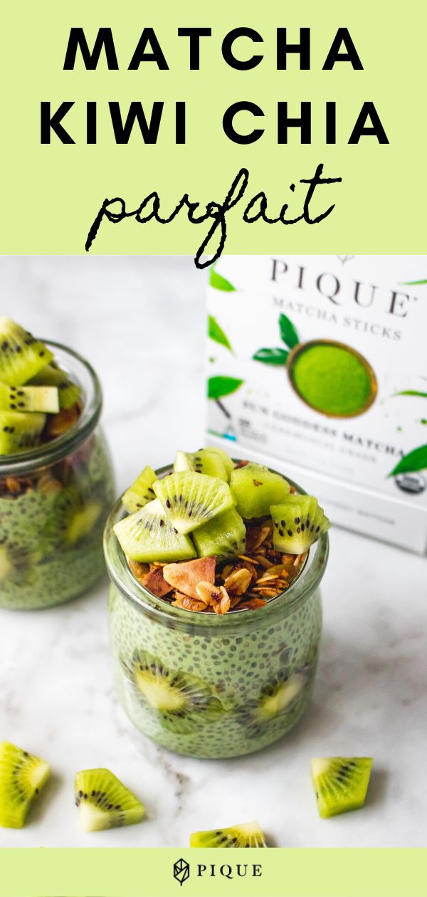 kiwi chia parfait in a glass jar with sliced kiwis on top