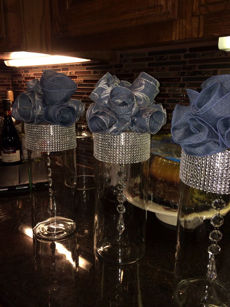 Jeans And Bling Party Ideas, Jeans And Jewels Party, Denim And Bling Party Ideas, 70th Birthday Party Centerpiece Ideas, Boots And Bling Decorations, Denim And Diamonds Wedding Theme, Denim And Pearls Centerpieces, Diamond Theme Centerpieces, Blue Jean Centerpieces