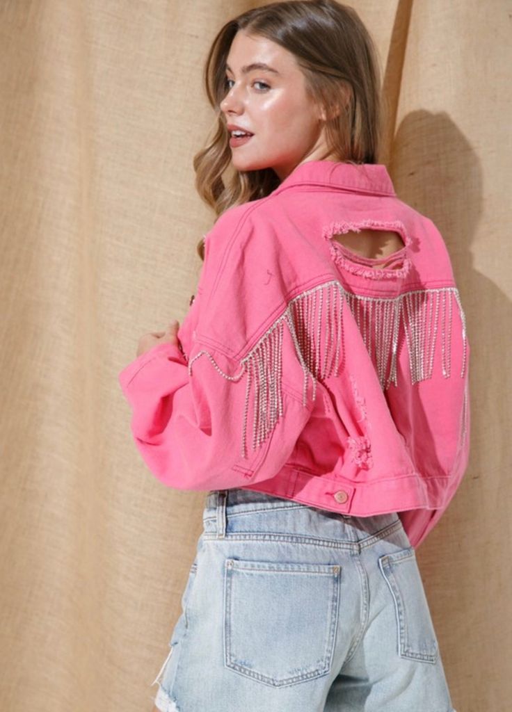 Ripped Denim Jacket, Pink Denim Jacket, Luxe Boutique, Rhinestone Fringe, Pink Denim, Pink Cotton Candy, Distressed Denim Jacket, Perfect Wardrobe, Ripped Denim