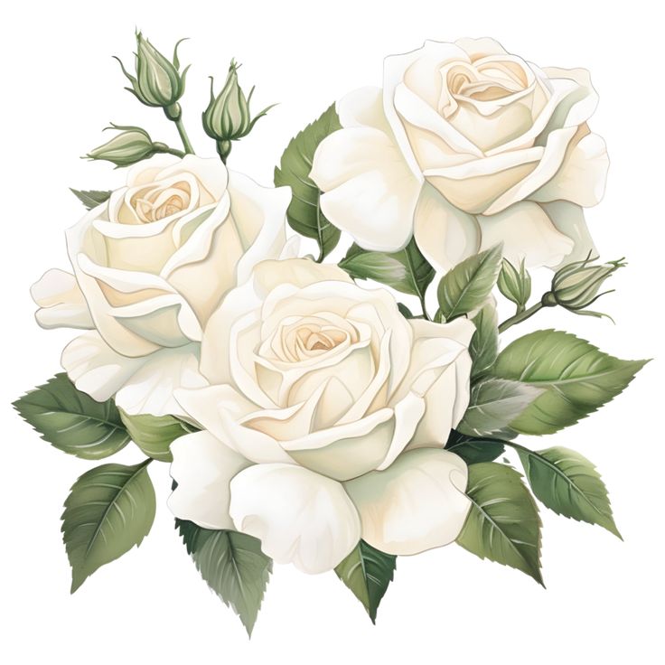 white roses with green leaves on a white background