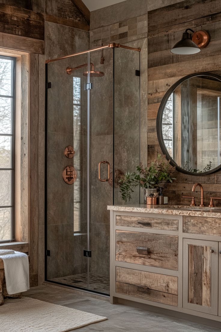 a bathroom with a sink, mirror and shower stall in the middle of it's walls