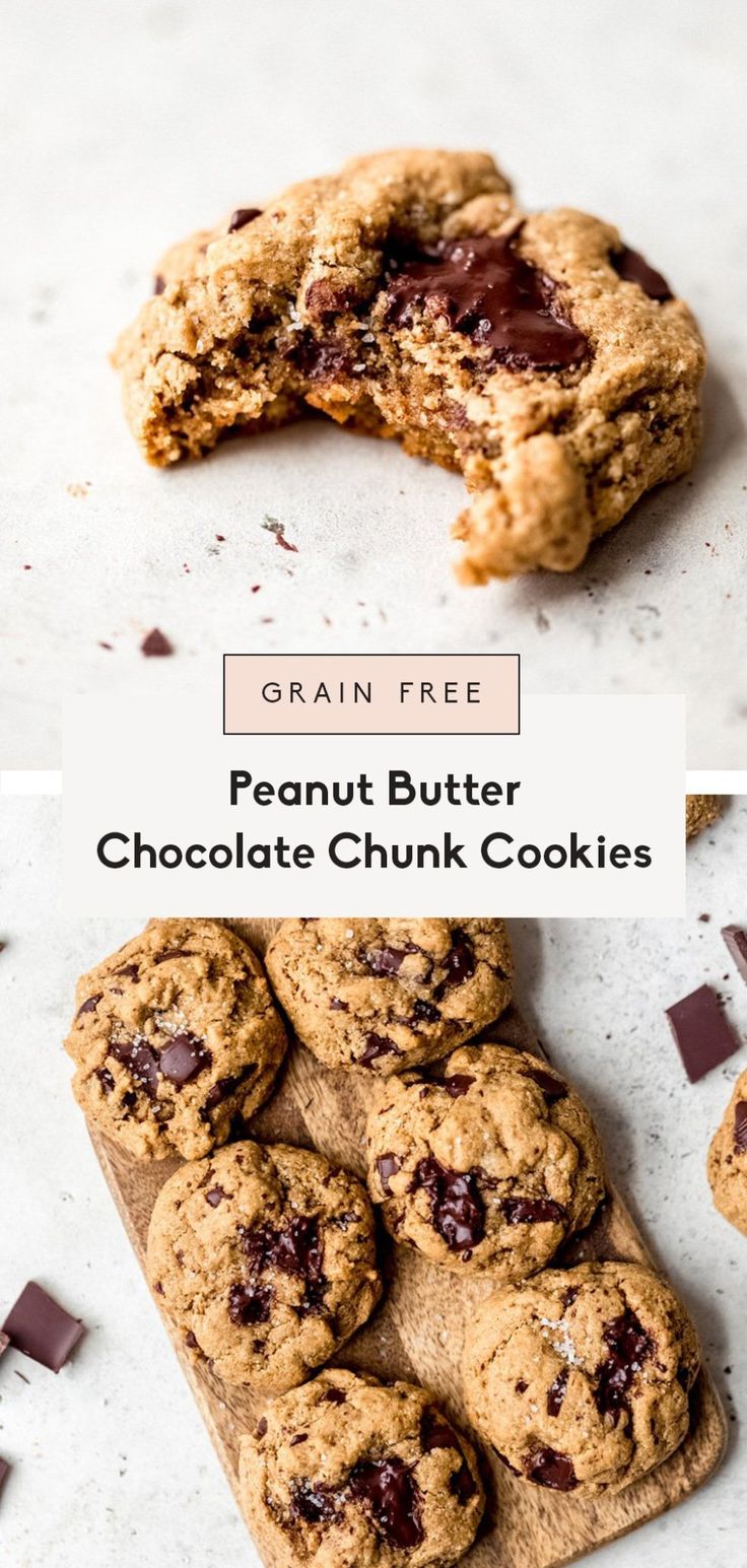 peanut butter chocolate chunk cookies are cut in half and stacked on top of each other