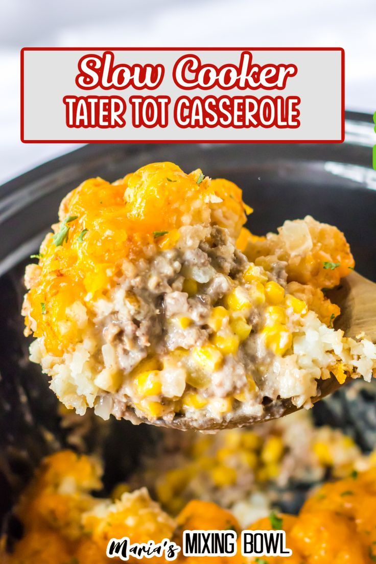 slow cooker tater tot casserole with text overlay