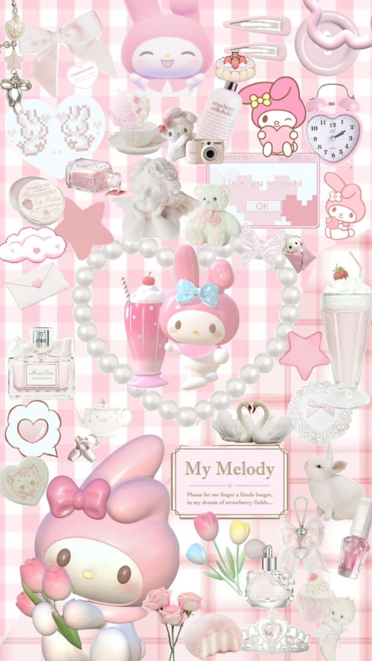 a pink and white background with many different items