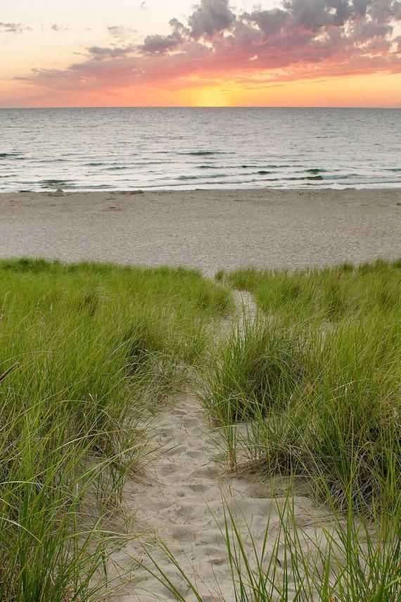 the sun is setting over the ocean and sand dunes with grass growing in between them