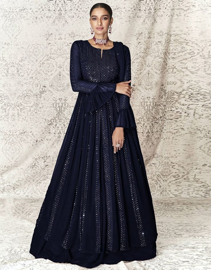 Dark Blue Anarkali style Anarkali Faux Georgette New Style Indian Dresses, Long Sleeve Blue Sharara With Self Design, Blue Long Sleeve Sharara With Self Design, Anarkali Salwar Kameez With Sequins And Long Sleeves, Sequined Anarkali Salwar Kameez With Long Sleeves, Blue Georgette Anarkali Set With Long Sleeves, Blue Fitted Georgette Anarkali Set, Sequined Long Sleeve Anarkali Salwar Kameez, Blue Long-sleeve Anarkali Set