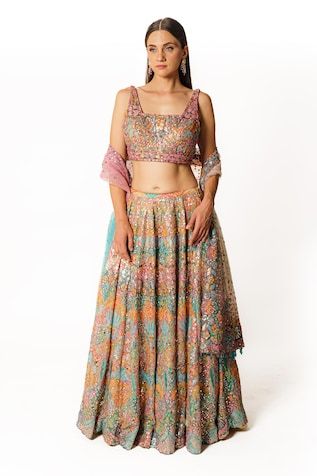 Multi-color can-can attached lehenga featuring sequin, kasab and mirror hand embroidery all over. Paired with a hand embroidered padded blouse and a scallop hem sheer dupatta. - Aza Fashions Sleeveless Multicolor Lehenga For Wedding, Fusion Style Multicolor Pre-draped Saree For Wedding, Multicolor Sleeveless Choli With Dupatta, Bollywood Style Embellished Multicolor Anarkali Set, Fusion Style Choli With Zari Work For Festive Occasions, Fusion Style Festive Choli With Zari Work, Fusion Style Multicolor Choli For Navratri, Embellished Multicolor Anarkali Set, Festive Fusion Choli With Zari Work