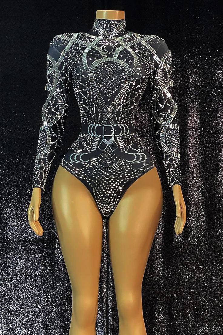 Josie Diamante Black Bodysuit - AMEKANA.COM Bedazzled Bodysuit, Bling Outfits, Donna Mills, Mesh Jumpsuit, Prom Decor, Body Suit Outfits, Suede Boots Knee High, Stage Costume, Performance Outfit