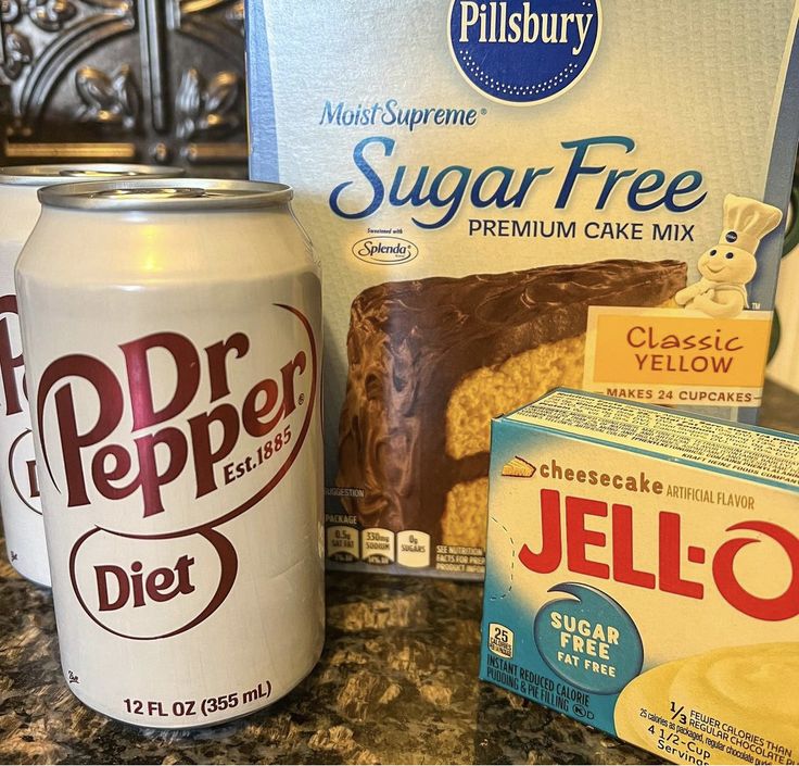 a can of jello, sugar free cake mix, and other items on a counter