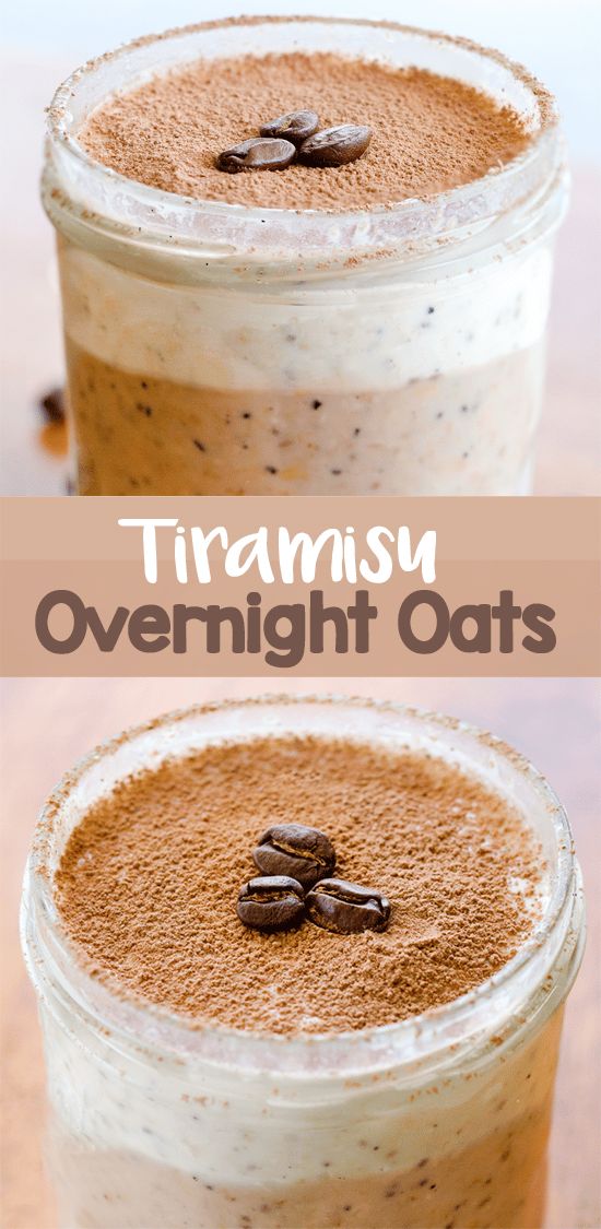 two jars filled with overnight oats on top of a wooden table next to coffee beans