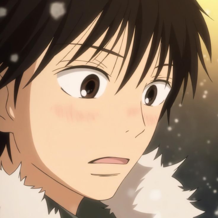 an anime character with black hair and white fur on his shoulders looking at the camera