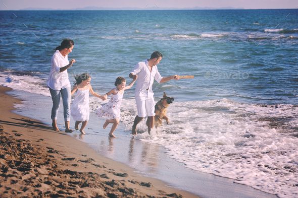 a family walking along the beach with their dog