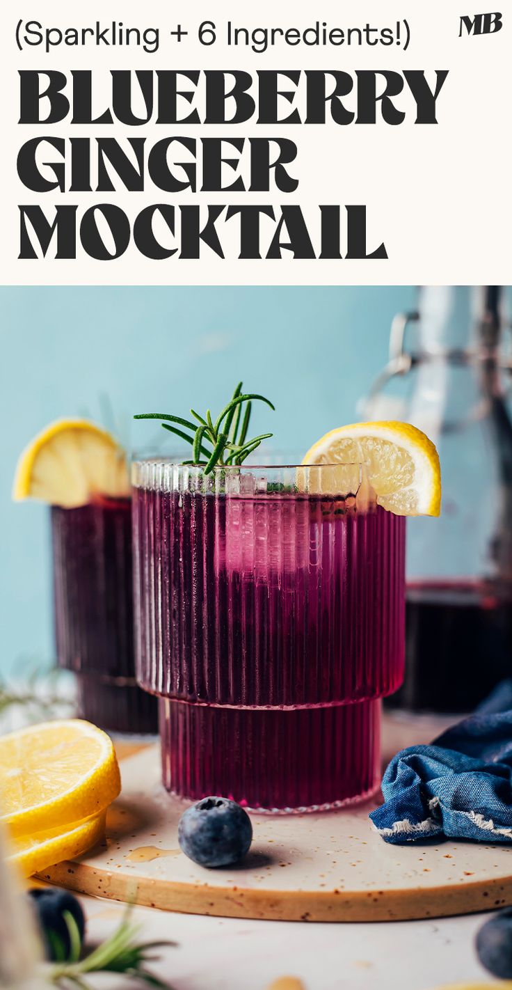 blueberry ginger mocko cocktail with lemons and rosemary garnish on the side