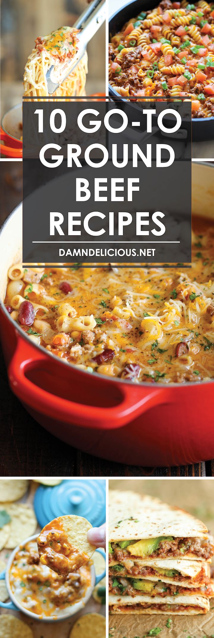 a collage of images showing different types of ground beef and cheeses in a red casserole dish