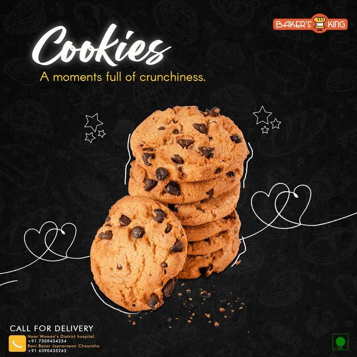 the advertisement for cookies has chocolate chip cookies in it's front and back sides