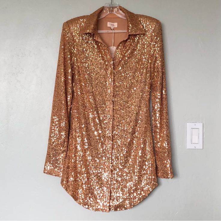 Camila Coelho Erika Gold Sequin Long Sleeve Shirt Dress - New With Tags - Revolve Style No. Coel-Wd307 - Size: Xs In Gold - Self: 95% Polyester, 5% Spandex - Lining: 100% Polyester - Hand Wash - Fully Lined - Front Button Closure - Padded Shoulders - Buttoned Cuffs - Sequined Embellishments Throughout - Approx. Measurements: 16" Pit To Pit, 14.25" Waist, 16" Hip, 14.5" Shoulder, Shoulder 25", 31.5" Length (Center - Hem) Gold Long Sleeve Mini Dress For Fall, Fitted V-neck Shirt Dress For Party, Fitted Long Sleeve Shirt Dress For Evening, Fitted Shirt Dress For Fall Party, Long Sleeve Dress For Dress Down Party Season, Fitted Shirt Dress For Evening In Fall, Chic Fitted Shirt Dress For Party, Fall Long Sleeve Shirt Dress For Party, Fall Cocktail Long Sleeve Blouse