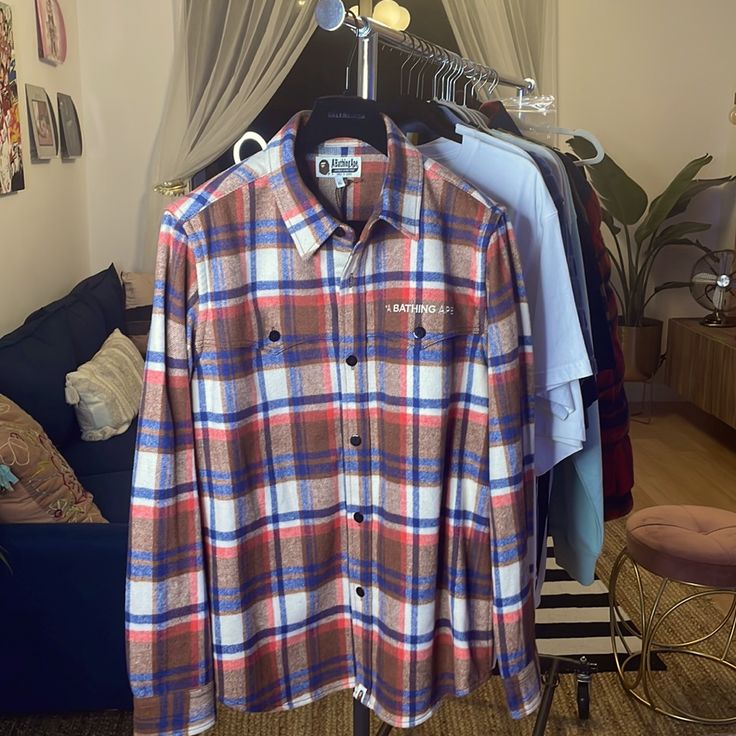 A Bathing Ape Check Flannel Button Down Shirt. Never Worn W/ Tag. Plaid Long Sleeve Shirt With Placket, Long Sleeve Plaid Shirt With Placket, Flannel Tops With Snap Buttons, Long Sleeve, Long Sleeve Flannel Tops With Snap Buttons, Plaid Shirt With Snap Buttons, Plaid Shirt With Snap Buttons And Long Sleeves, Plaid Long Sleeve Shirt With Snap Buttons, Flannel Top With Snap Buttons And Collared Shape, Plaid Shirt With Spread Collar And Buttons