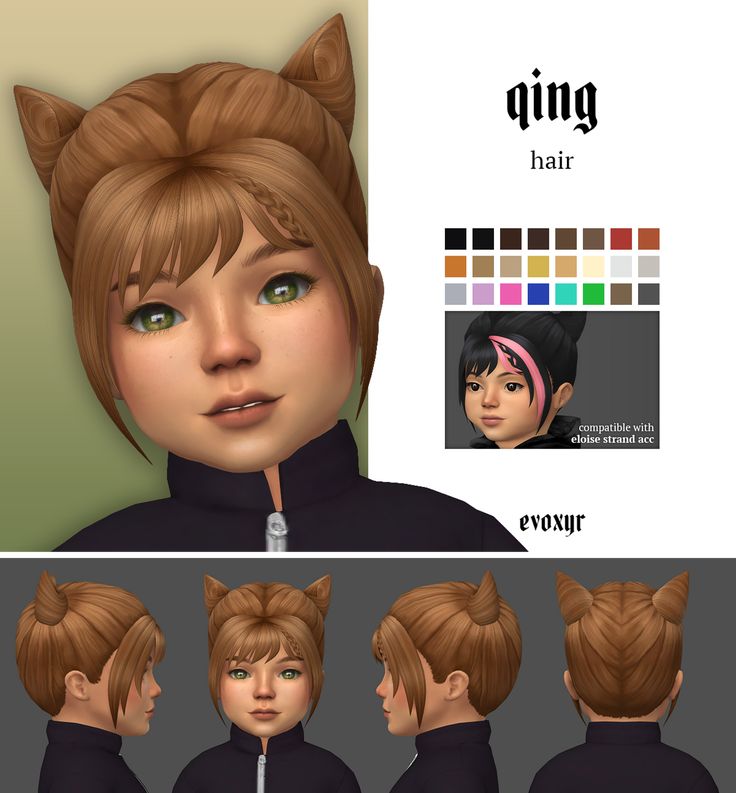 an animation character with different hair styles and color swatches on their faces, including the cat's ears