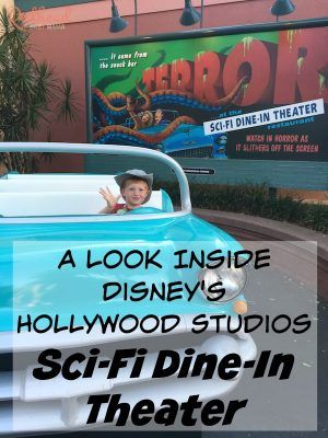 a little boy in a blue car with the words, a look inside disney's hollywood studios sci - fi dine - in theater