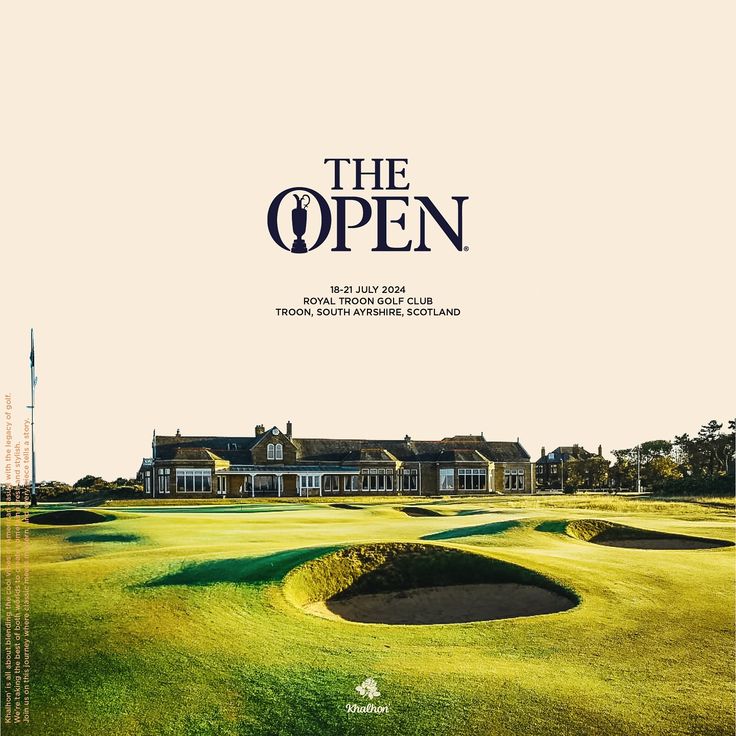 an advertisement for the open golf tournament featuring a large house and green field with bunker holes