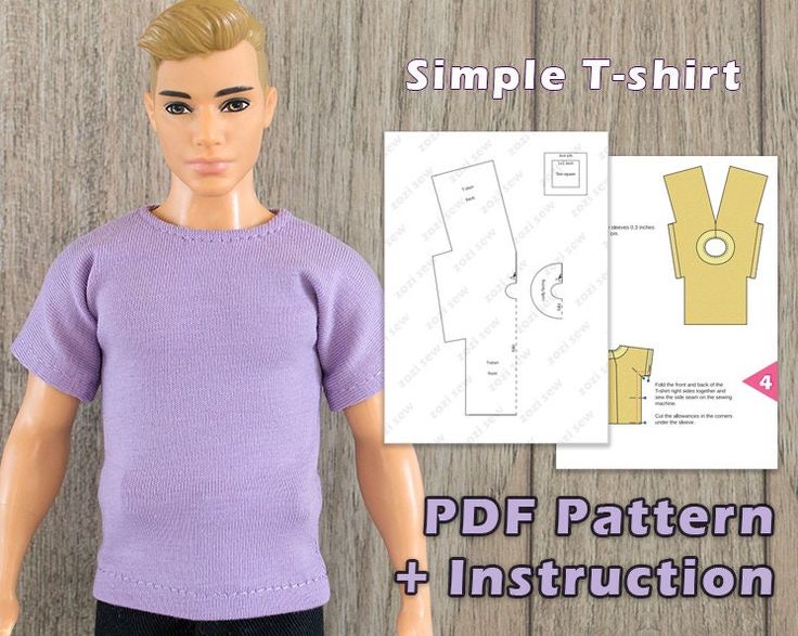 the doll is wearing a purple shirt and black pants with buttons on it, while standing next to a wooden wall