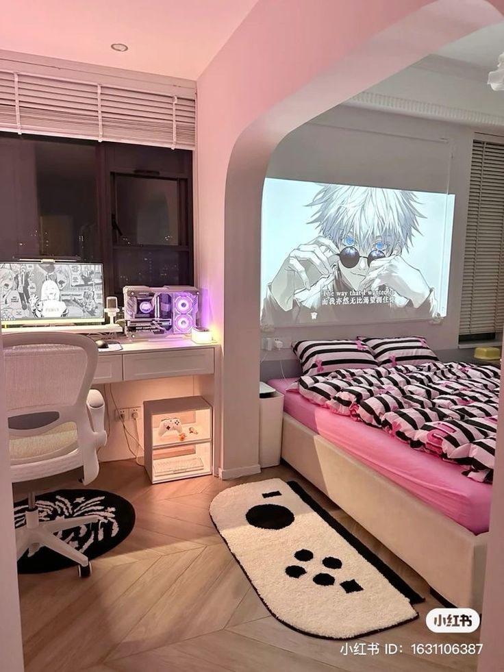 a bed room with a neatly made bed and a projector screen on the wall