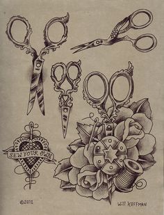 an old school tattoo design with scissors and roses