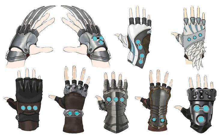 several different types of gloves with blue eyes and claws on each hand, all in various shapes and sizes