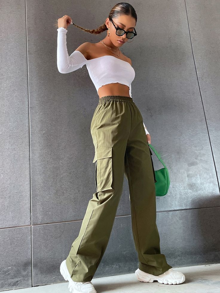 Army Green Casual Collar  Polyester Plain Cargo Pants Embellished Non-Stretch Spring/Summer/Fall Women Bottoms Outfit Rosa, Celana Kargo, Celana Fashion, Trousers Women Wide Leg, Cargo Pants Outfit, Belted Pants, Baggy Pants, Women Cargos, Cargo Pant