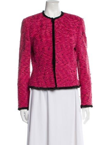 Escada JacketPinkTweed PatternRaw-Edge & Sequin AccentsCollarlessButton ClosureFit:Jackets by Escada typically fit true to size. Pink Tweed Jacket With Buttons For Fall, Formal Pink Tweed Blazer, Pink Tweed Jacket With Buttons For Winter, Pink Embellished Fitted Outerwear, Escada Magnetism Perfume, Tweed Pattern, Evening Jackets, Vintage Holiday Dress, Jacket Pattern