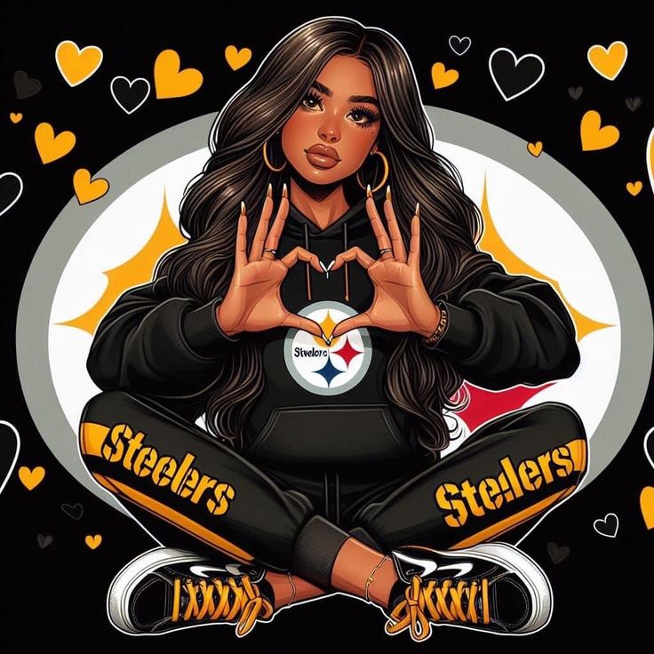 a woman sitting on the ground making a heart with her hands and wearing pittsburgh football gear