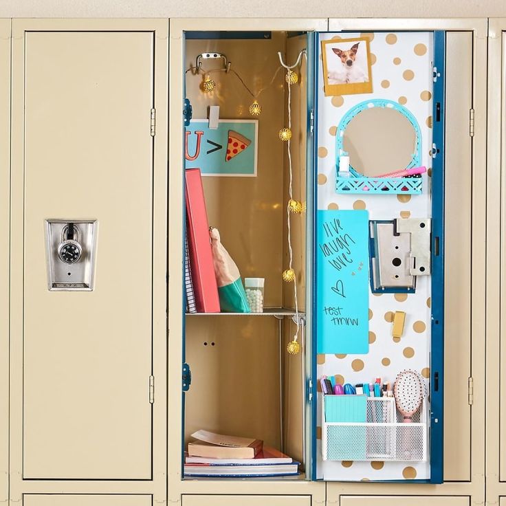 a locker with many items inside of it on the shelf next to other cupboards