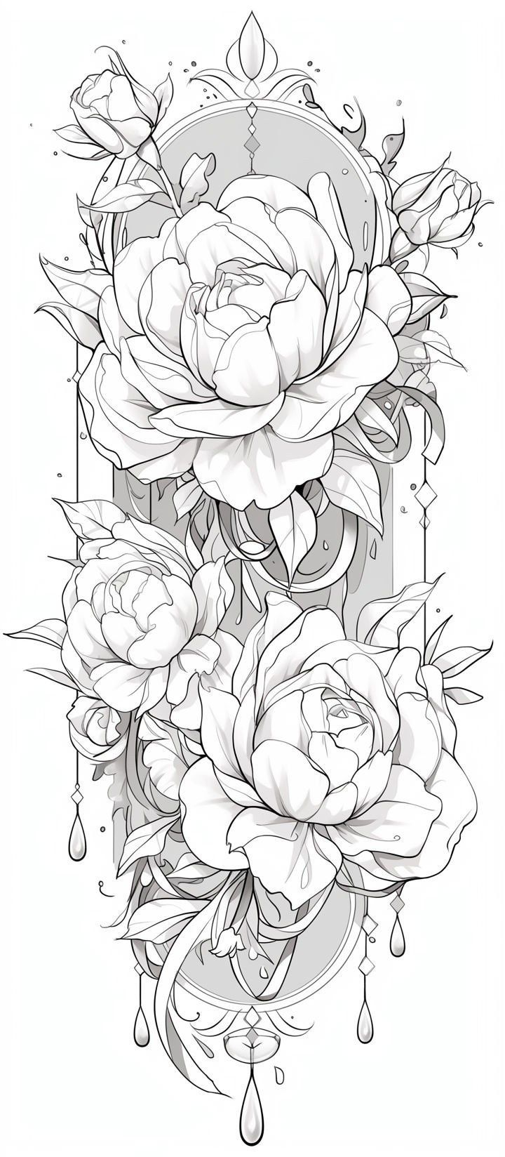 a drawing of flowers and leaves with drops on the bottom half of the image, in black and white