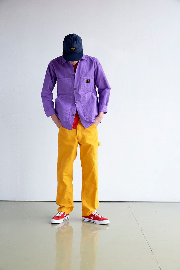 Stan Ray Spring/Summer 2019 Lookbook Collection Shirts Hoodies Jackets Tees T-Shirts Dungarees Overalls Jeans Trousers Pants Patagonia Miles Johnson Bright Pants Outfit, Miles Johnson, Colorful Outfits Men, Colorful Mens Fashion, Man Styling, Masc Style, Bright Clothing, Hotel Shoot, Oc Fair