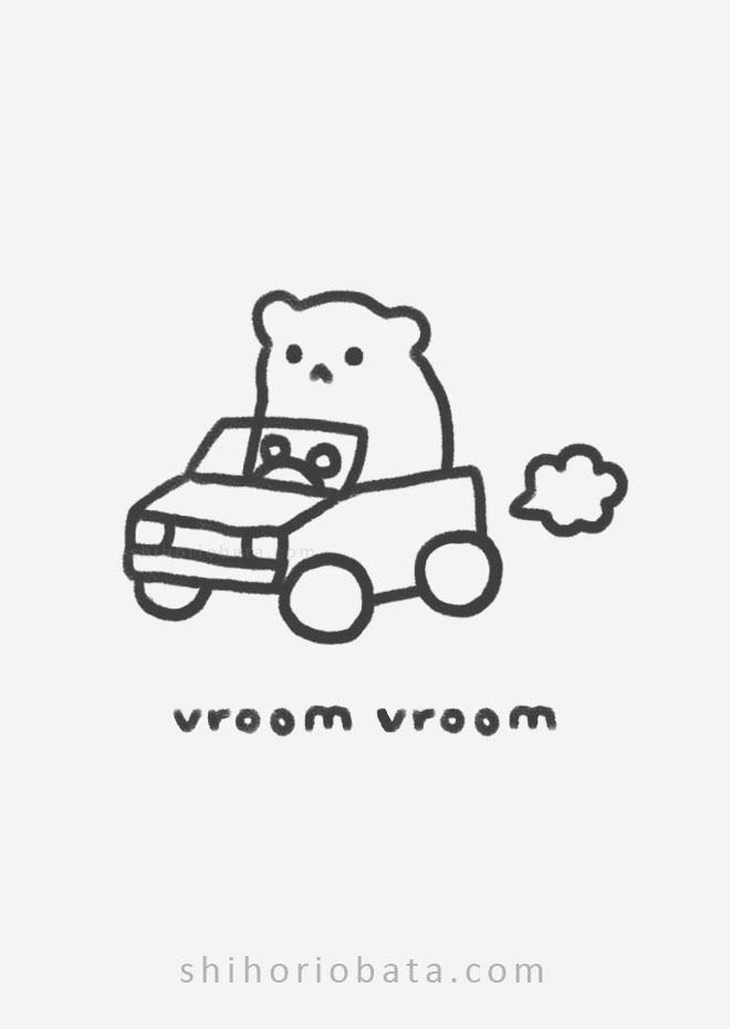 a black and white drawing of a teddy bear driving a car with the word vroom on it